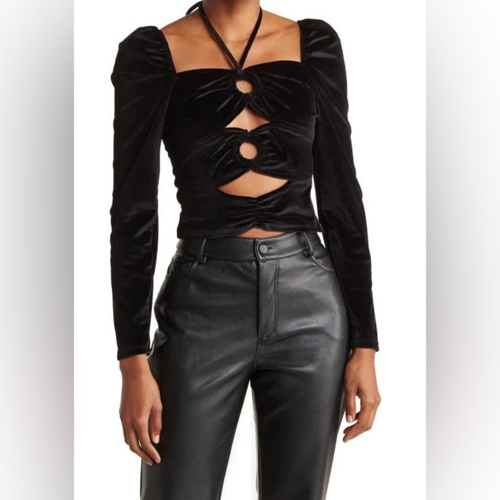 NEW TORN BY RONNY KOBO Petra black velvet cut out long sleeve top small